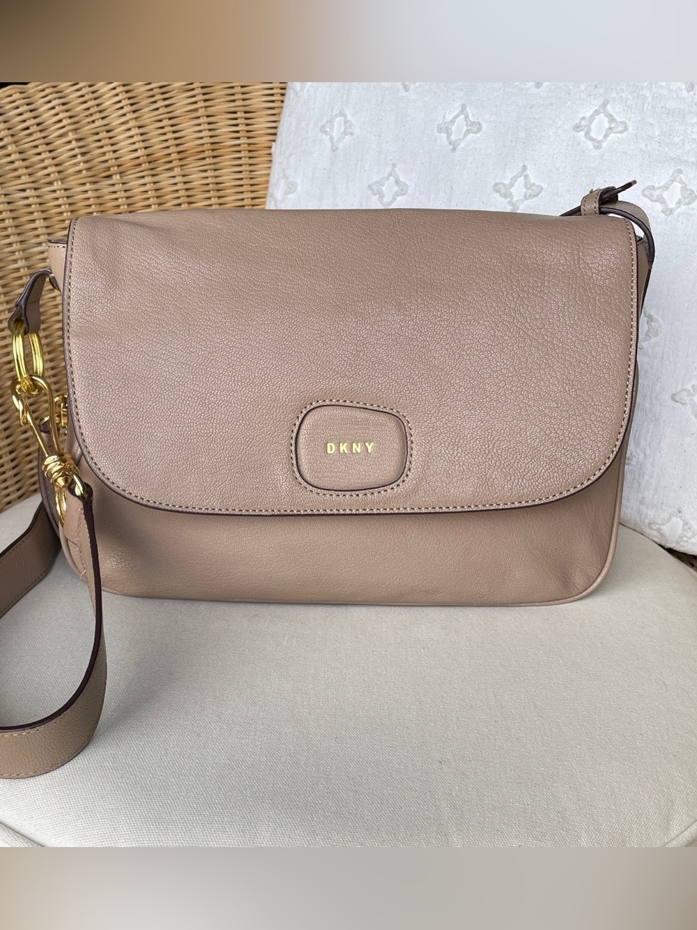DKNY Leather Tan Expandable Crossbody Bag